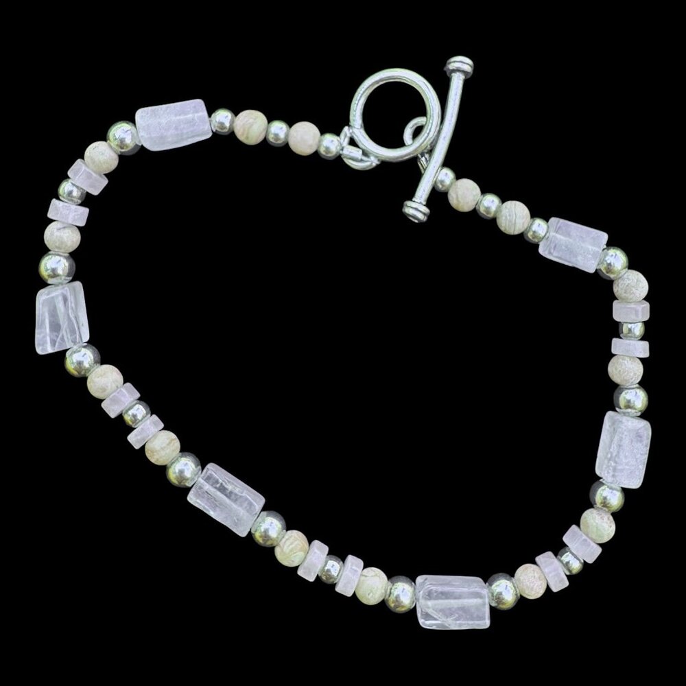 Handcrafted Quartz & Freshwater Pearls Rose Gold Bead Bracelet With Toggle Clasp - Picture 4 of 11